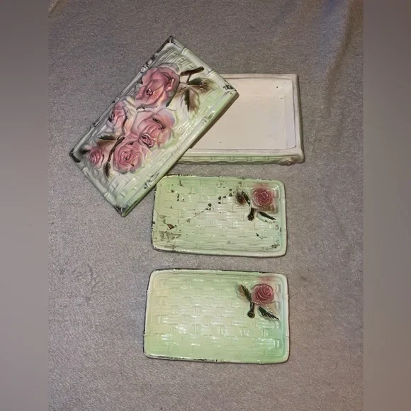 Antique Fairyland Import Victorian Style Ceramic Rose Trinket Box & Soap Dishes
